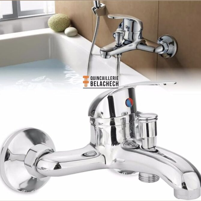 Robinet de lavabo mural chromé a double bec, mitigeur d'eau.