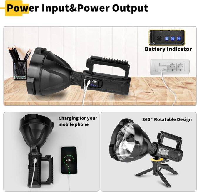 Lampe torche LED rechargeable ultra-lumineuse, grande taille, 4 modes, haute puissance, portable, étanche, pour camping, chasse, extérieur (taille moyenne P50) - Image 3