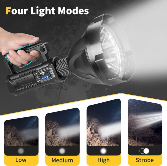 Lampe torche LED rechargeable ultra-lumineuse, grande taille, 4 modes, haute puissance, portable, étanche, pour camping, chasse, extérieur (taille moyenne P50) - Image 2